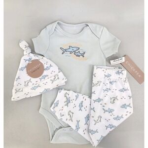 Chickpea 3 Piece Set Kids 6-9M Blue Shark Bodysuit Pants Hat Fintastic
